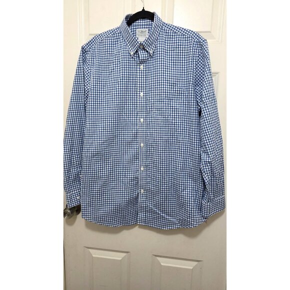 L.L.Bean Mens Traditional Fit Blue Gingham Long-Sleeve Button-Down Shirt M - Picture 2 of 7